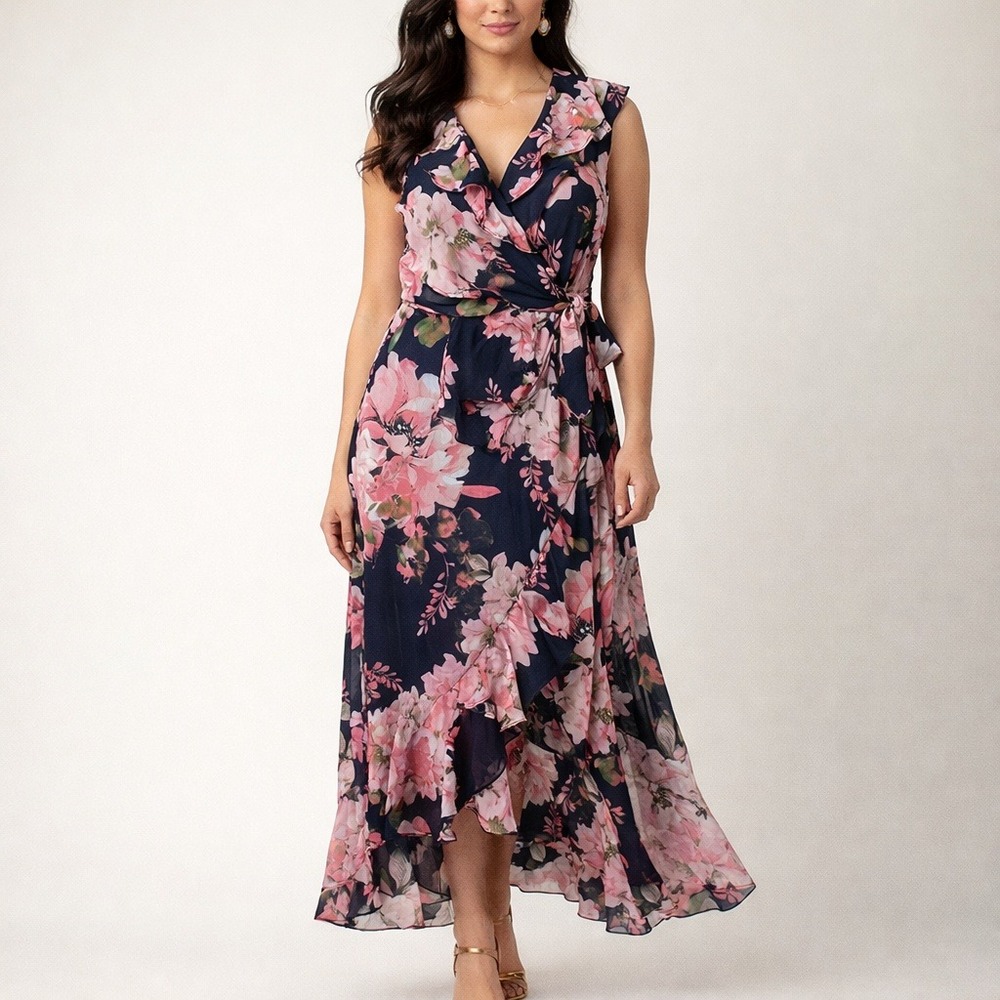 London Times Sz 8 Floral Wrap Look Maxi Dress Ruffle Black Pink Sleeveless Boho‎